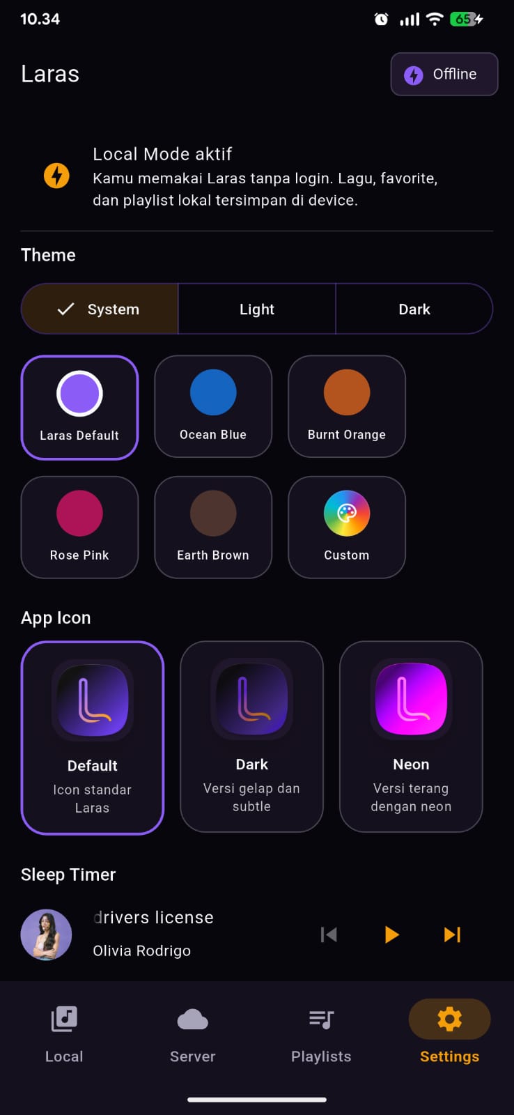 Laras settings screen